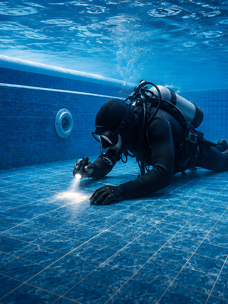 En la imagen se ve un buzo profesional buscando fugas en una piscina